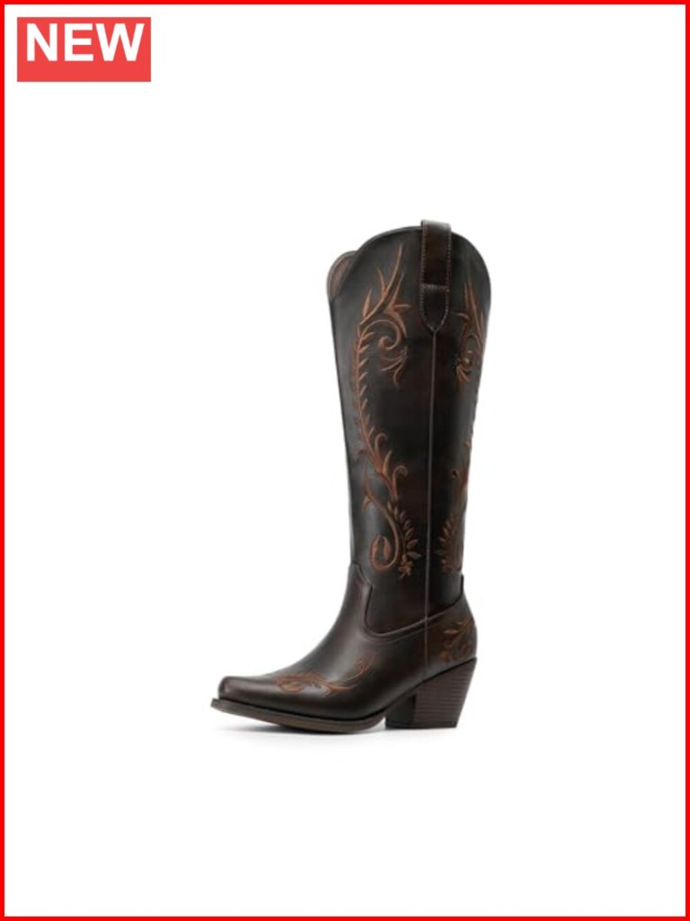 Western Cowgirl Knee High Boots Faux Leather Square Toe Stacked Heel